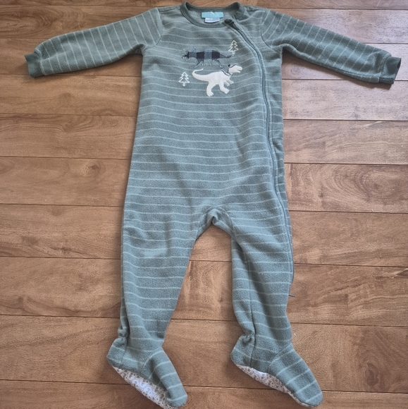 3/$15 Pekkle Boy's Striped Teal Fleece Christmas Dinosaur Sleeper – 18 Months - Picture 1 of 3